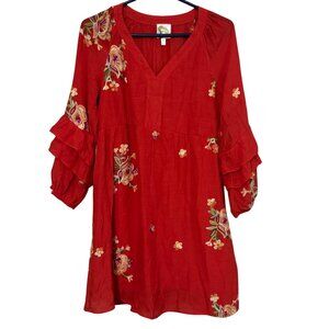 Fig And Flower Boho Floral Embroidered Ruffled Gauzy Red Floral Dress Size S /x1